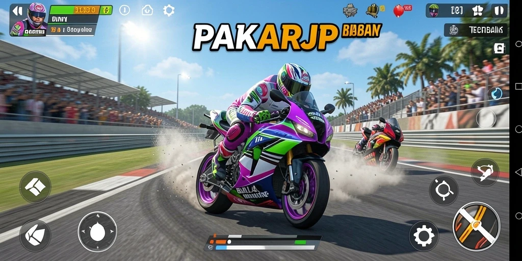 Screenshot gameplay <strong>PAKARJP</strong> menunjukkan aksi balap motor yang mendebarkan.