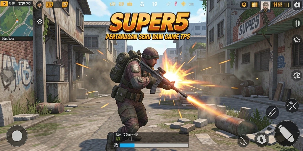 Tangkapan layar utama SUPER5 menampilkan gameplay TPS yang mendebarkan.